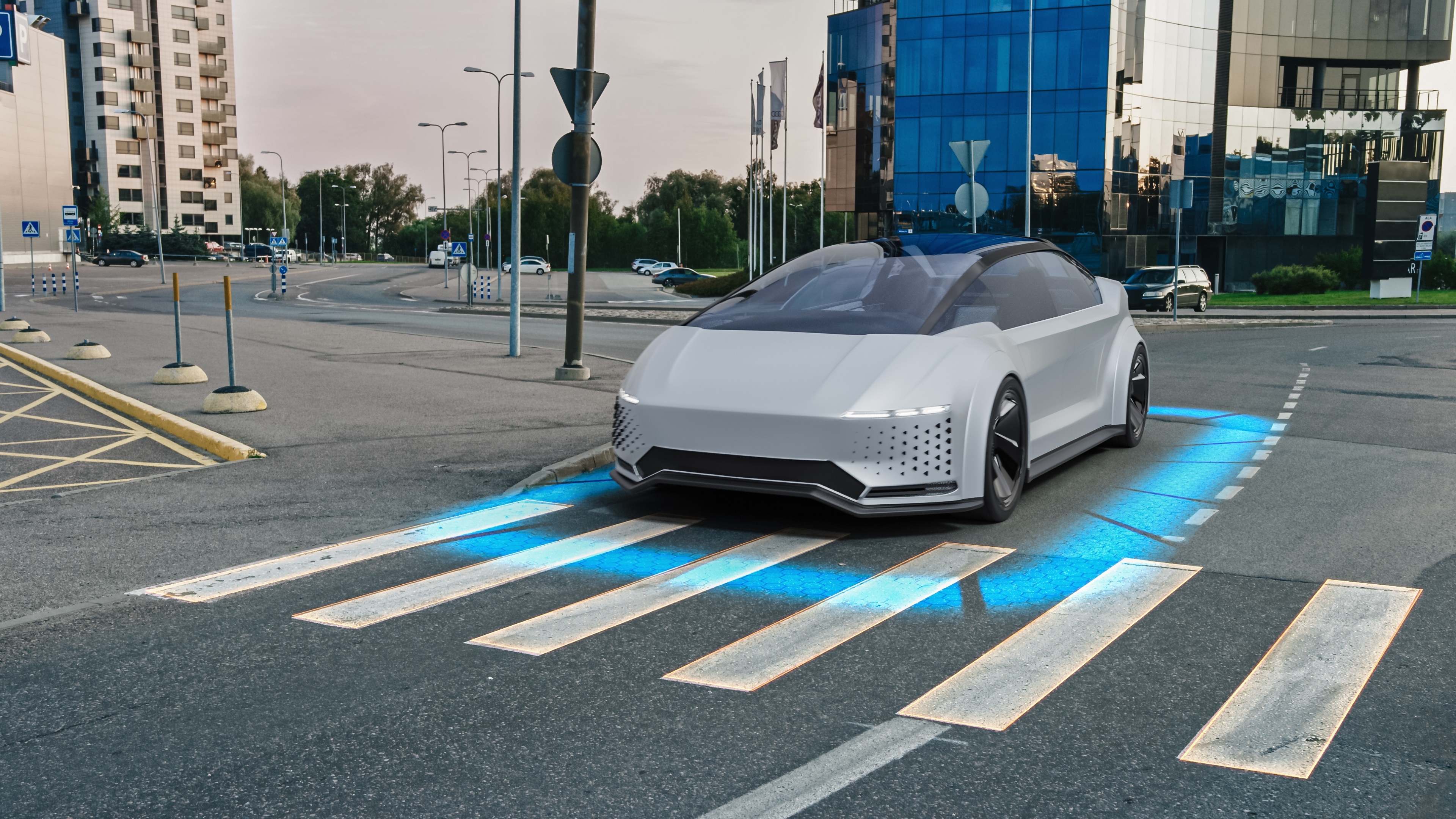 Pedestrian crossing and high tech car